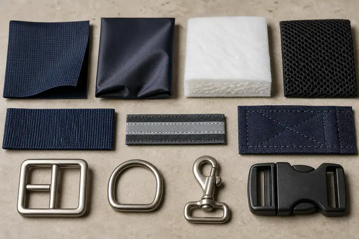 Horsewear materials and hardware flat lay
