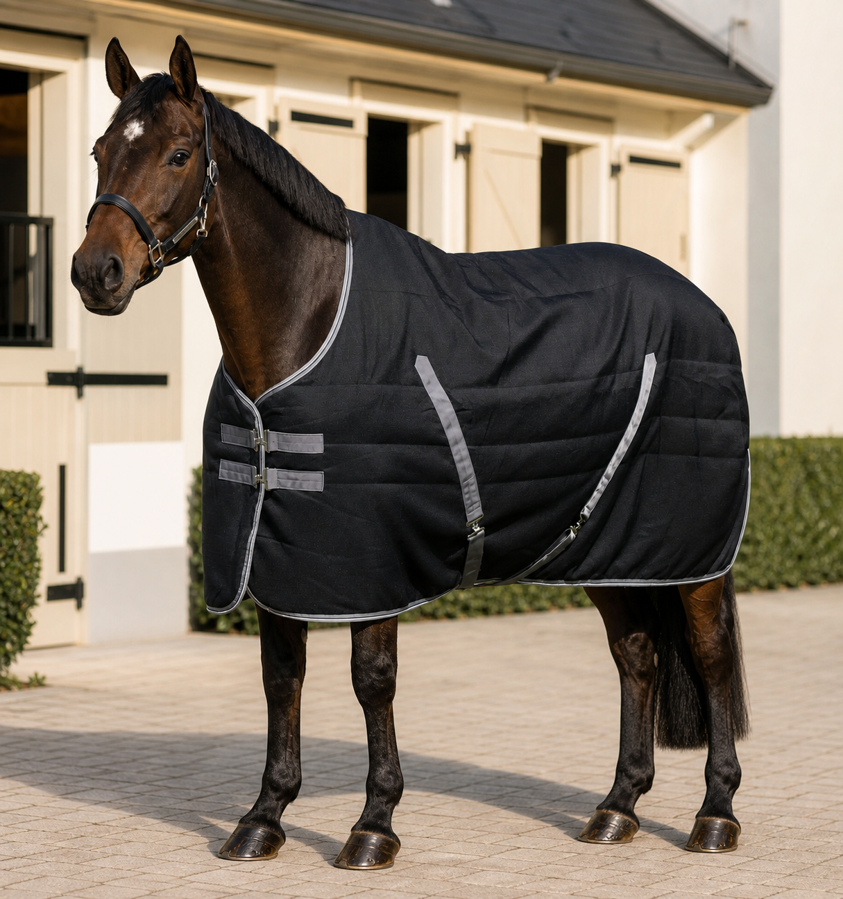 Premium black insulated horse rug showing the configurable shell, lining and hardware direction