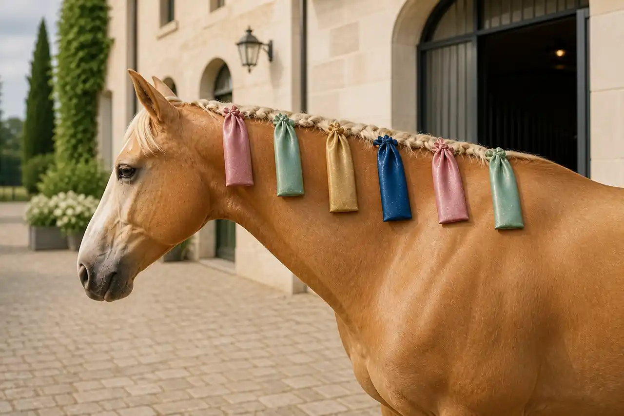 Horse wearing coordinated braid-in mane protection bags