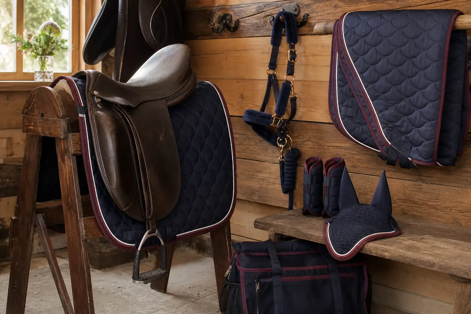 Coordinated unbranded equestrian collection in a professional tack room