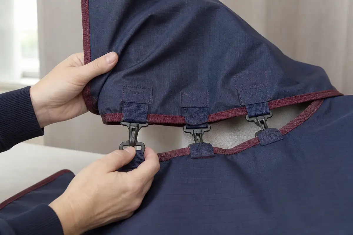 Detachable horse rug neck construction detail