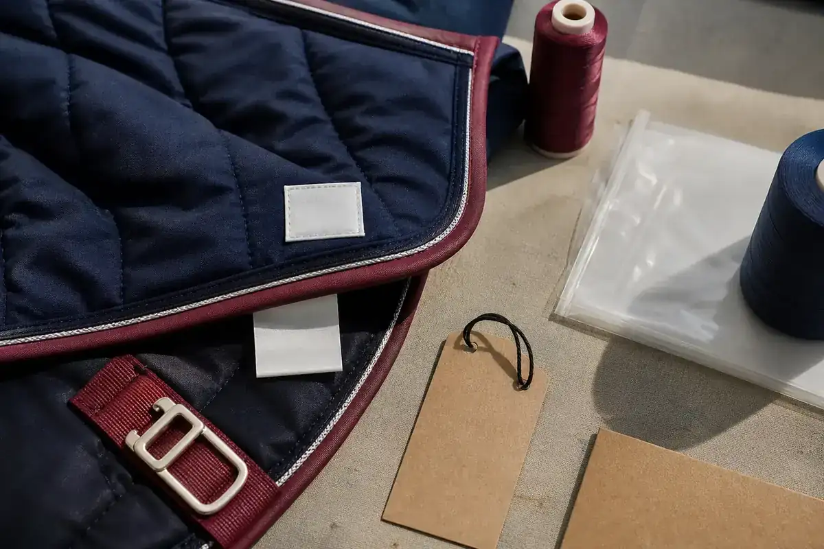 Private-label finishing details for an equestrian textile product