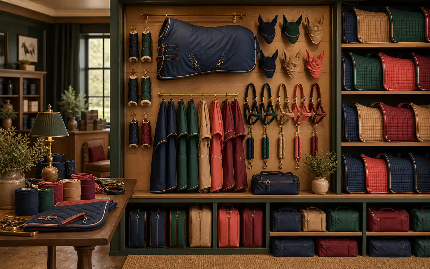 Comprehensive unbranded horsewear and equestrian accessories displayed in a premium tack shop