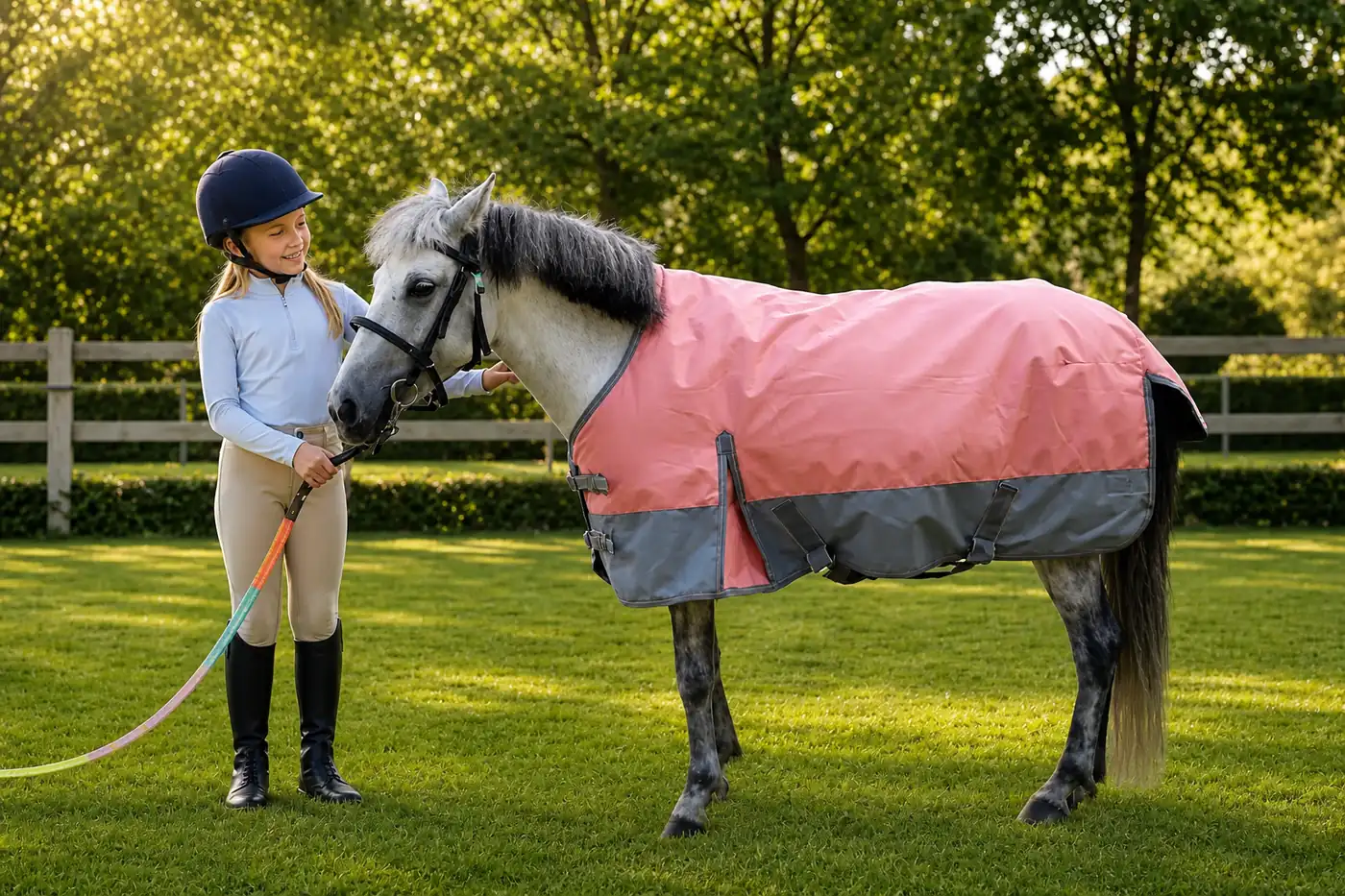 Young rider with a pony wearing a two-tone pony rug