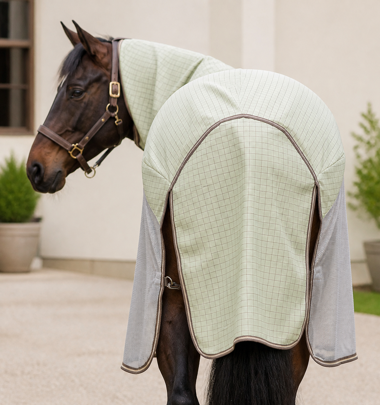Detachable horse-rug neck and fly-protection construction detail