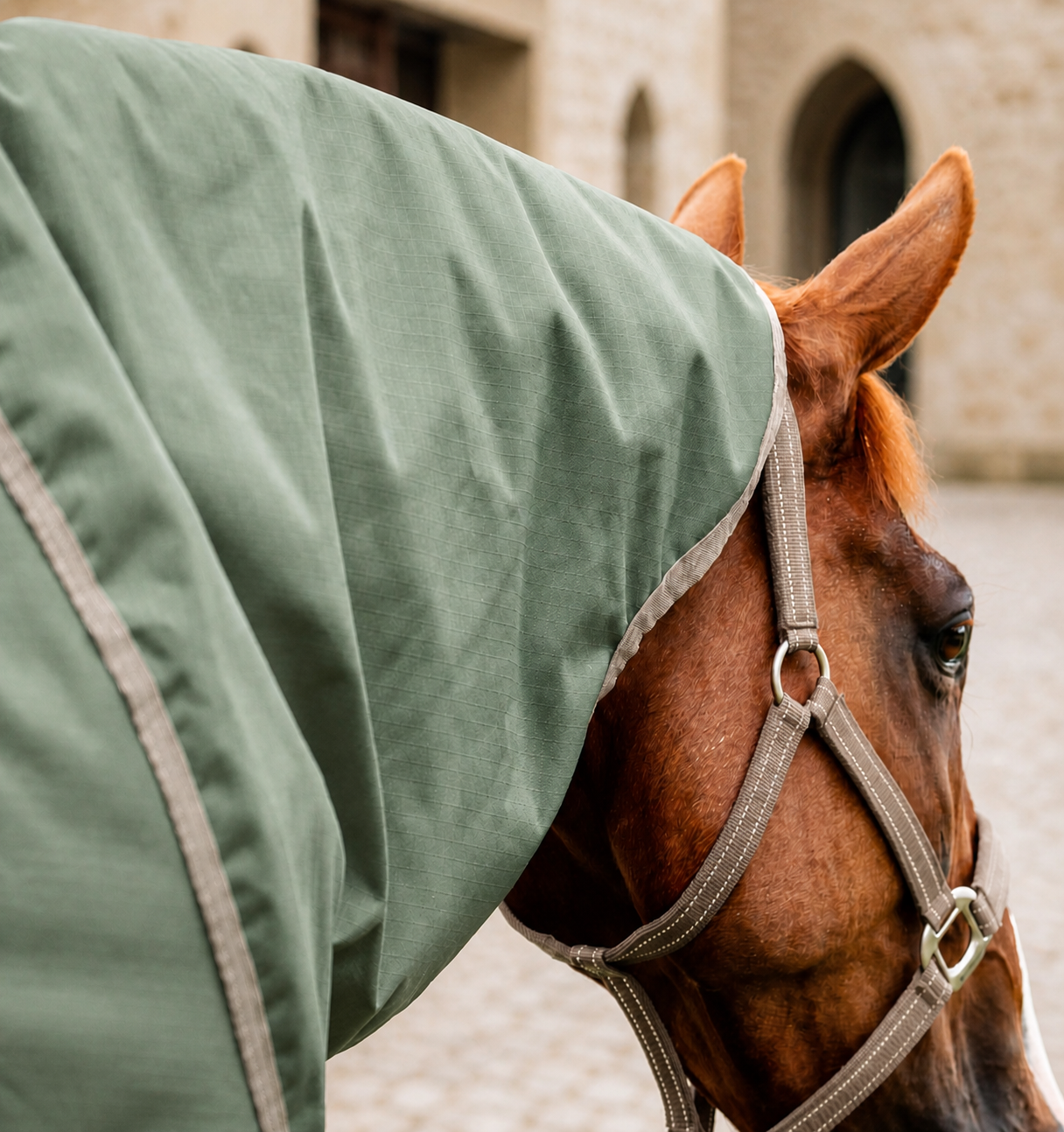 Green ripstop horse rug shell and neck coverage detail