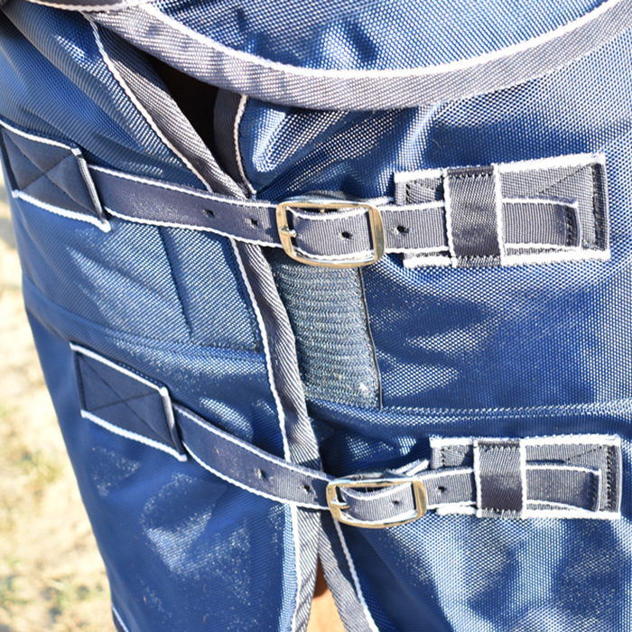Horse rug buckle and reinforced webbing detail